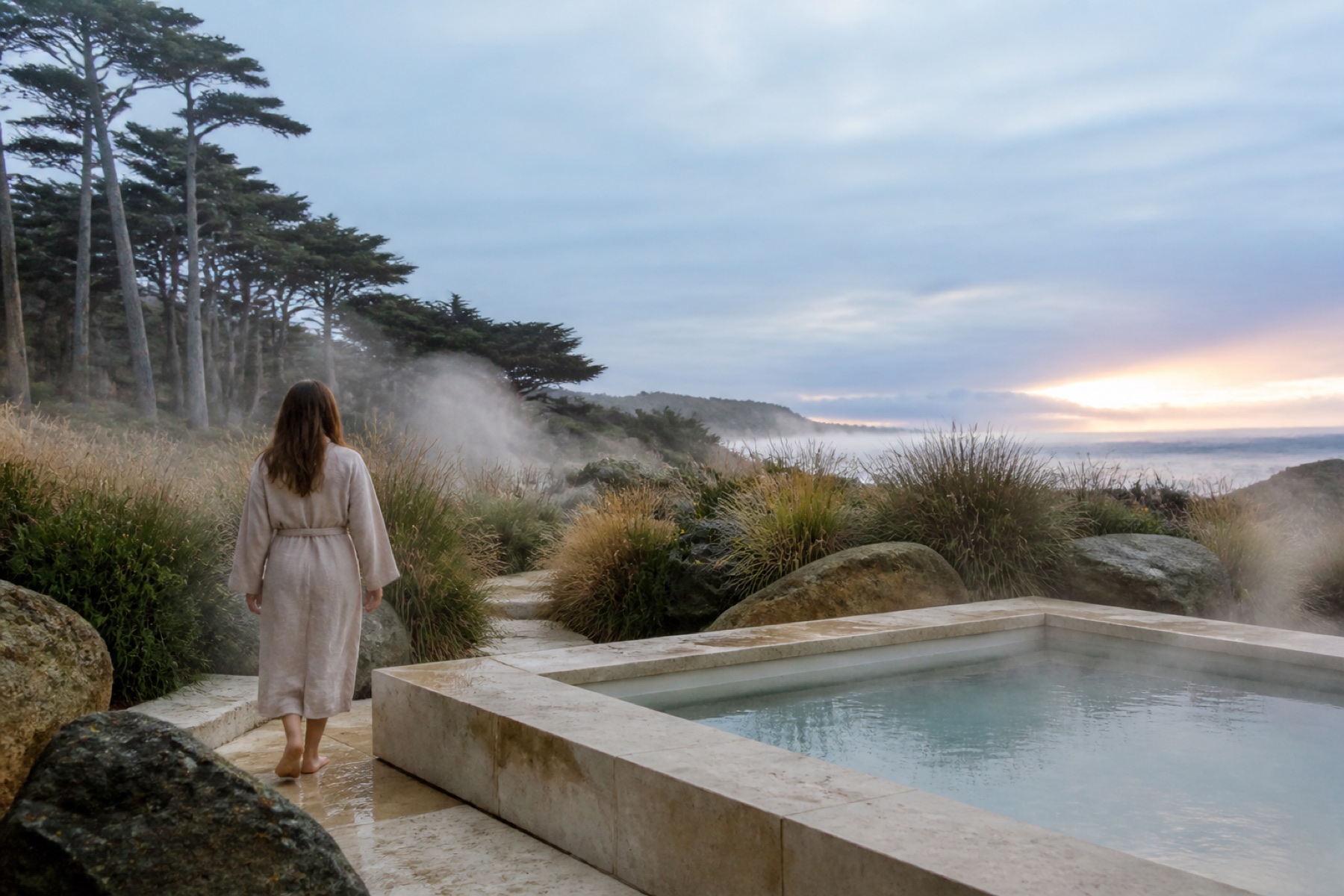 Guest in a linen robe walking beside a steaming stone bathing pool at dawn