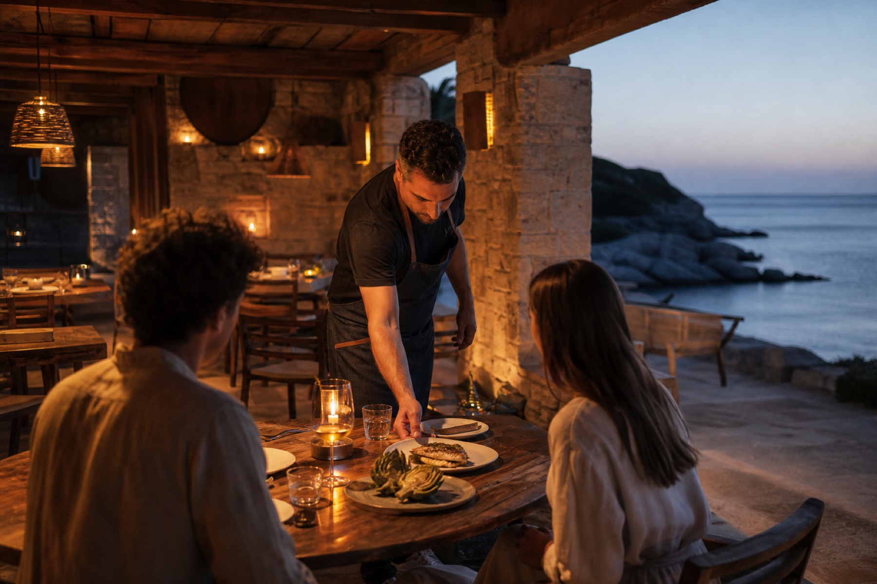 Chef serving dinner to two guests in a warm stone dining room at blue hour