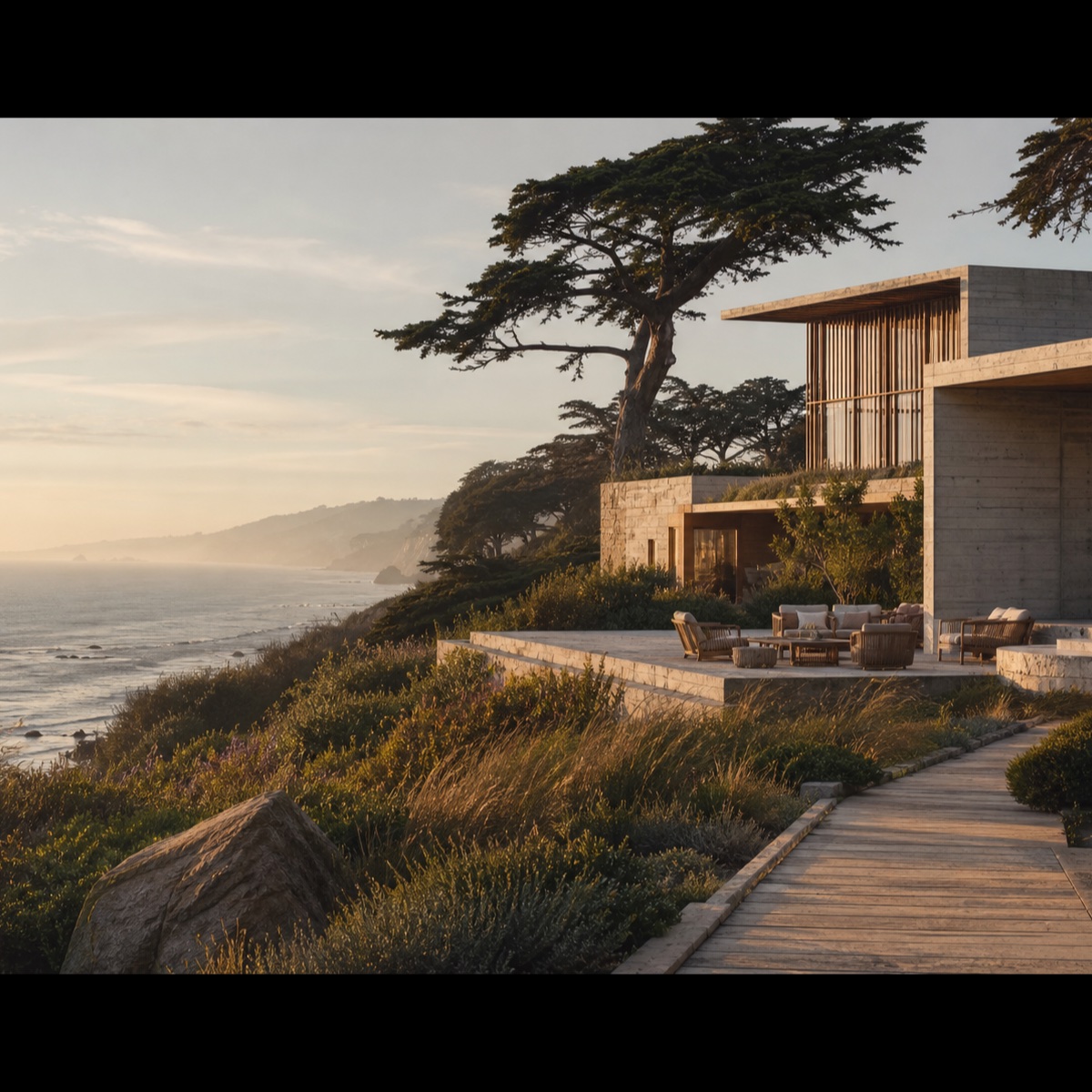 Private pale-stone terrace among native coastal plantings