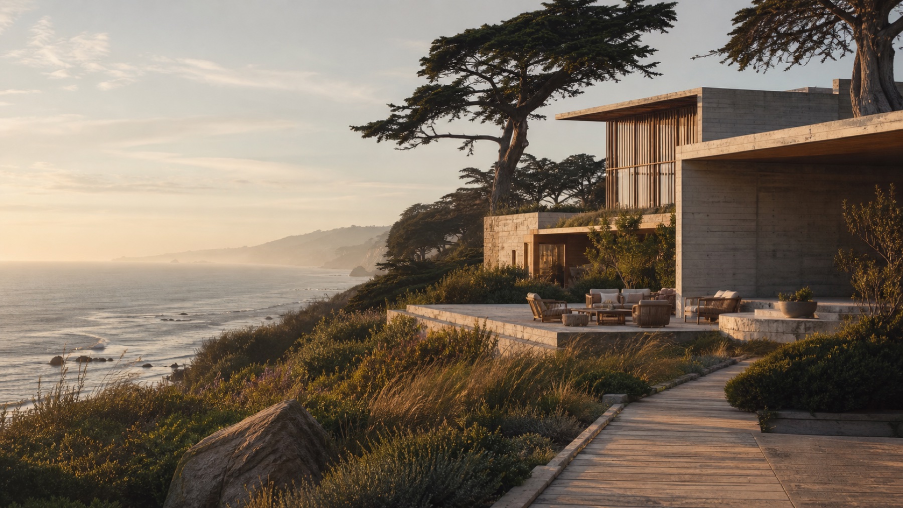 Modern stone resort buildings on a cypress-lined Pacific bluff in warm evening light