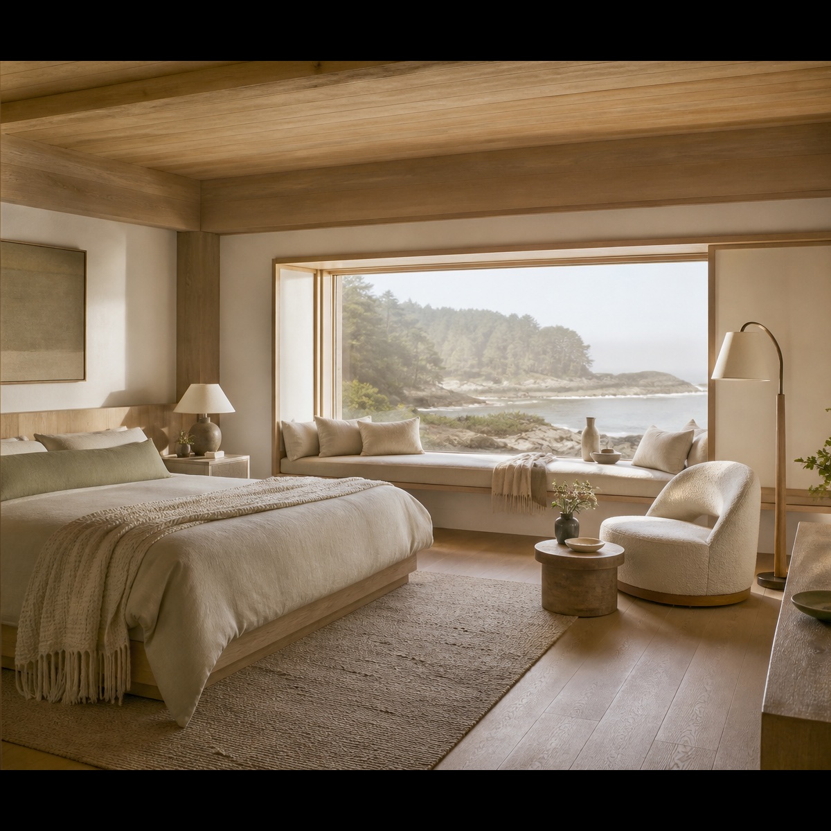 Textural detail of a pale, warm coastal guest suite