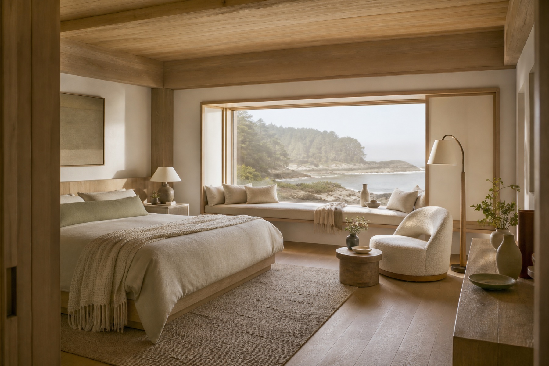 Calm oak and linen guest room with a deep window overlooking the cove