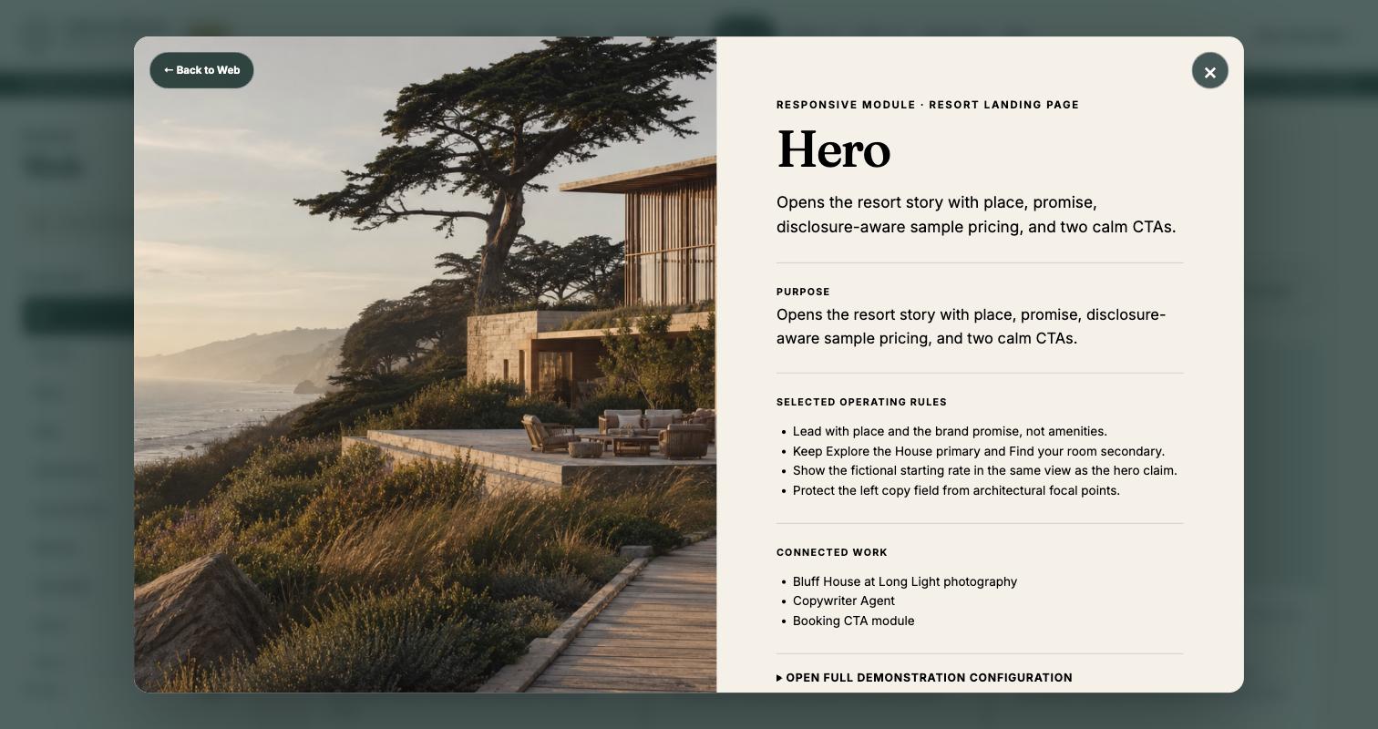 A web hero module open for preview with its purpose, operating rules, and connected work